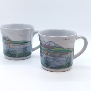 [2] VINTAGE HIGHLAND STONEWARE SCOTLAND 'LANDSCAPE' BEACH MOUNTAIN SCENE CUPS